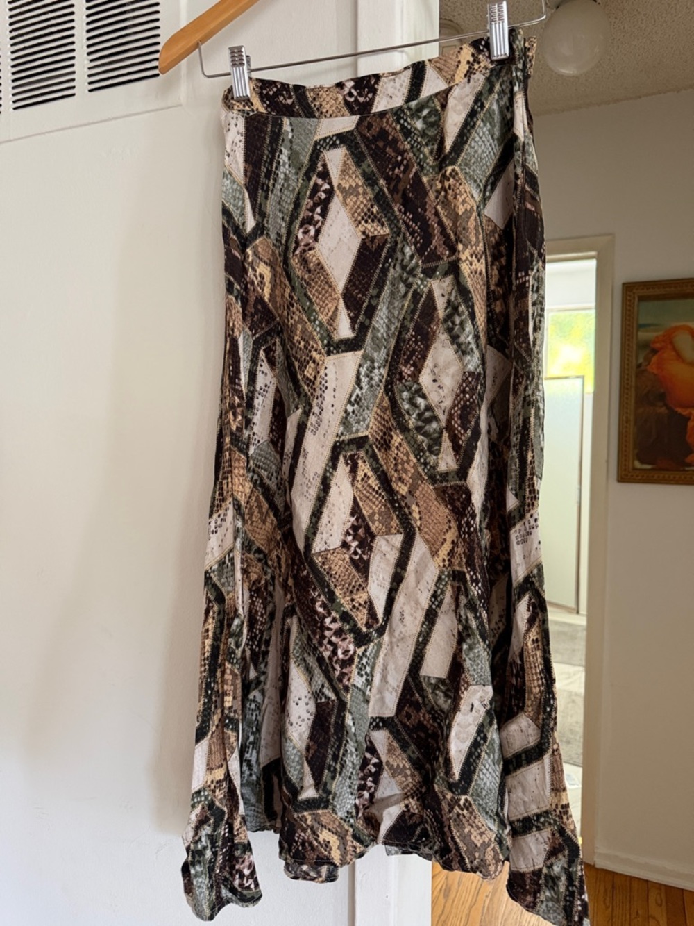 Printed Patchwork Maxi Skirt in Brown and Green